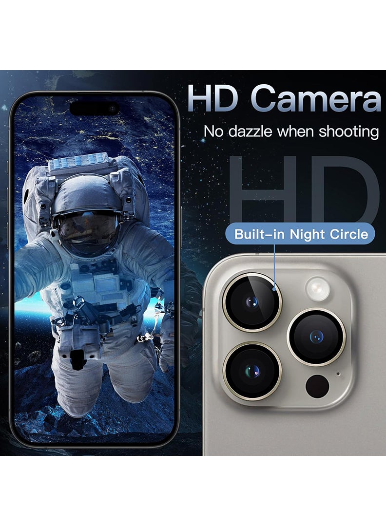 Theodor iPhone 15 Pro Max /15 Pro 3 Pcs Camera Lens Protector With 9H Tempered HD Glass Camera Cover Anti Scratch Aluminum Alloy Camera Ring, Natural Titanium  - Image 4