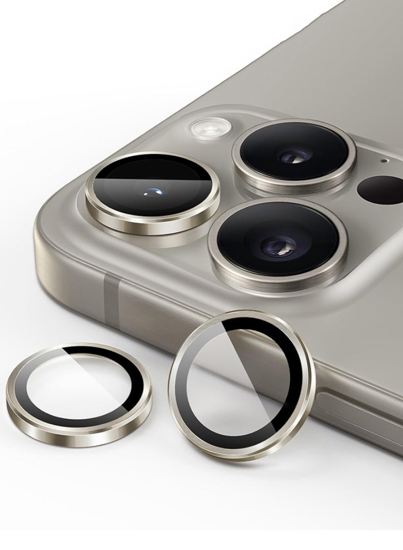 iPhone 15 Pro Max /15 Pro 3 Pcs Camera Lens Protector With 9H Tempered HD Glass Camera Cover Anti Scratch Aluminum Alloy Camera Ring, Natural Titanium