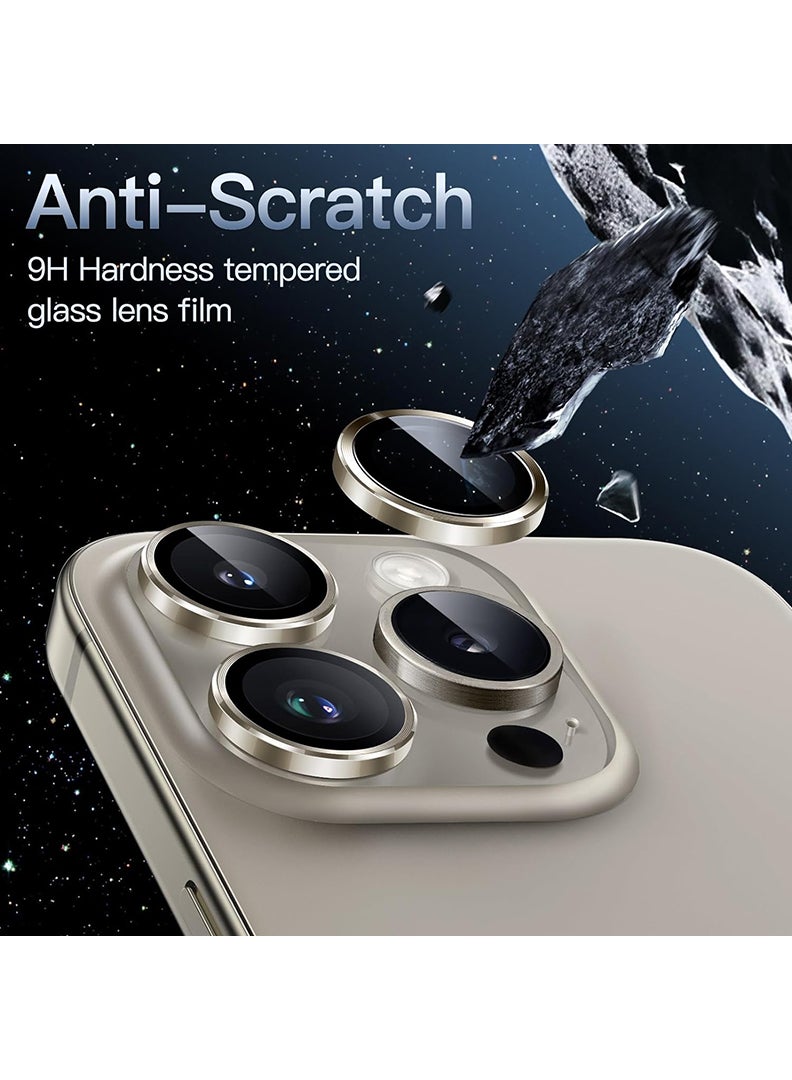 Theodor iPhone 15 Pro Max /15 Pro 3 Pcs Camera Lens Protector With 9H Tempered HD Glass Camera Cover Anti Scratch Aluminum Alloy Camera Ring, Natural Titanium  - Image 3