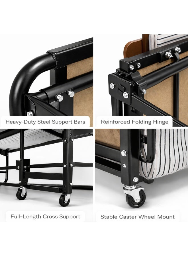 هارموني هوم سرير ضيوف قابل للطي من هارموني هوم مع مرتبة | سرير إضافي بإطار معدني قابل للطي وعجلات | سرير موفر للمساحة وقابل للنقل للضيوف والمكاتب والشقق والفنادق - Image 4