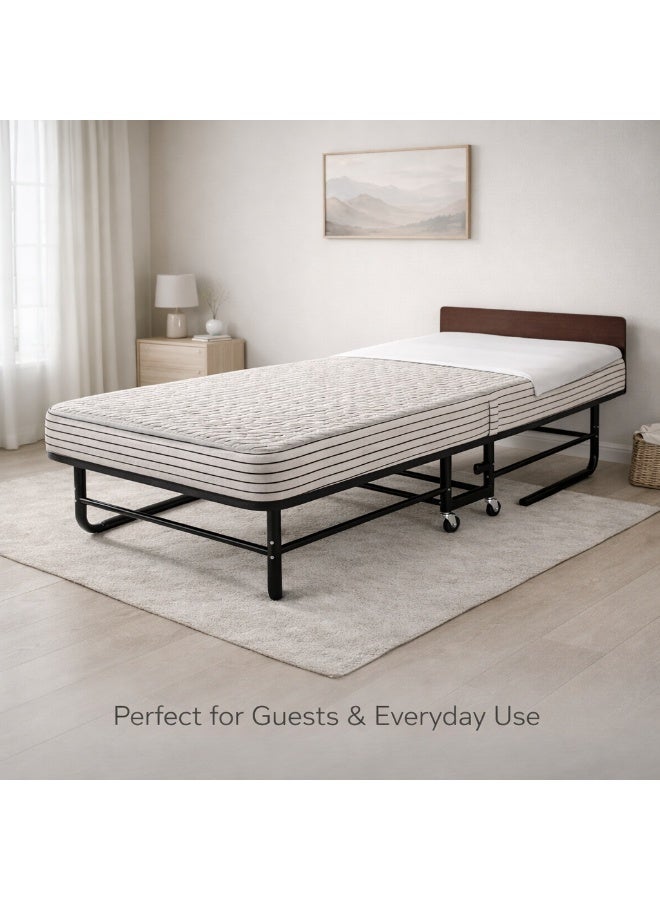Harmony Home Rollaway Guest Bed with Mattress | Foldable Metal Frame Extra Bed with Wheels | Space-Saving Portable Bed for Guests, Office, Apartment & Hotel - Image 1