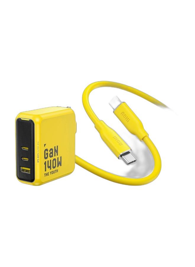 AOHI Youth 140W USB-C GaN+ Fast Charger, 3-Port PD3.1 PPS Wall Charger with UK Plug, 100W Laptop Charger Power Adapter for MacBook Pro 16'', Dell XPS, iPhone 17 Pro Max, iPad Pro, Chromebook, Tablet (Yellow/Black) & AOHI 140W USB-C to USB-C Cable, PD 3.1 Type-C Fast Charging, 1 m Silky Cable, Compatible with iPhone 17 Pro Max, Galaxy, MacBook Pro/Air, iPad Pro/Air, Pixel and More (Yellow)Bundle - Image 1