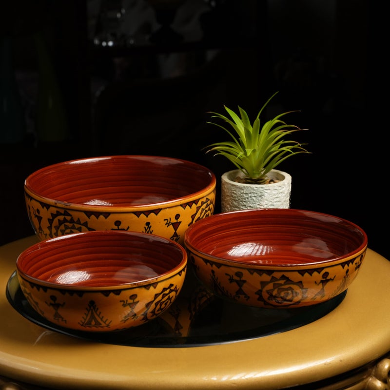 Caffeine Ceramic Handmade Mustard Romani Serving Bowl (Set of 3) - Image 1