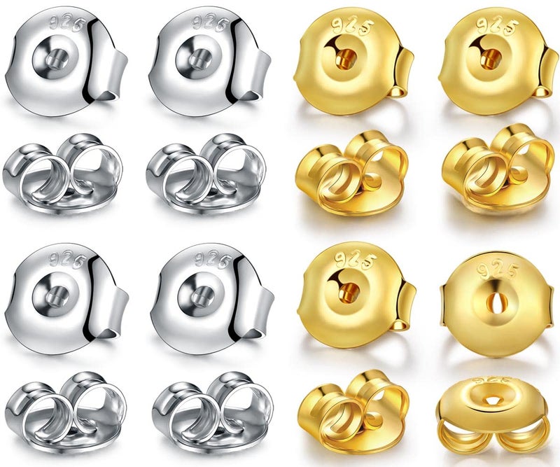 Catinee 16PCS 925 Sterling Silver  14k White Gold Plated Earring Backs 6MM Hypoallergenic Secure Stud Earring Backs 8White  8Gold