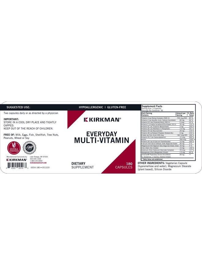 Kirkman - Everyday Multivitamin - 180 Capsules - Broad-Spectrum Vitamin & Mineral - Supports Productivity - Hypoallergenic - Image 2
