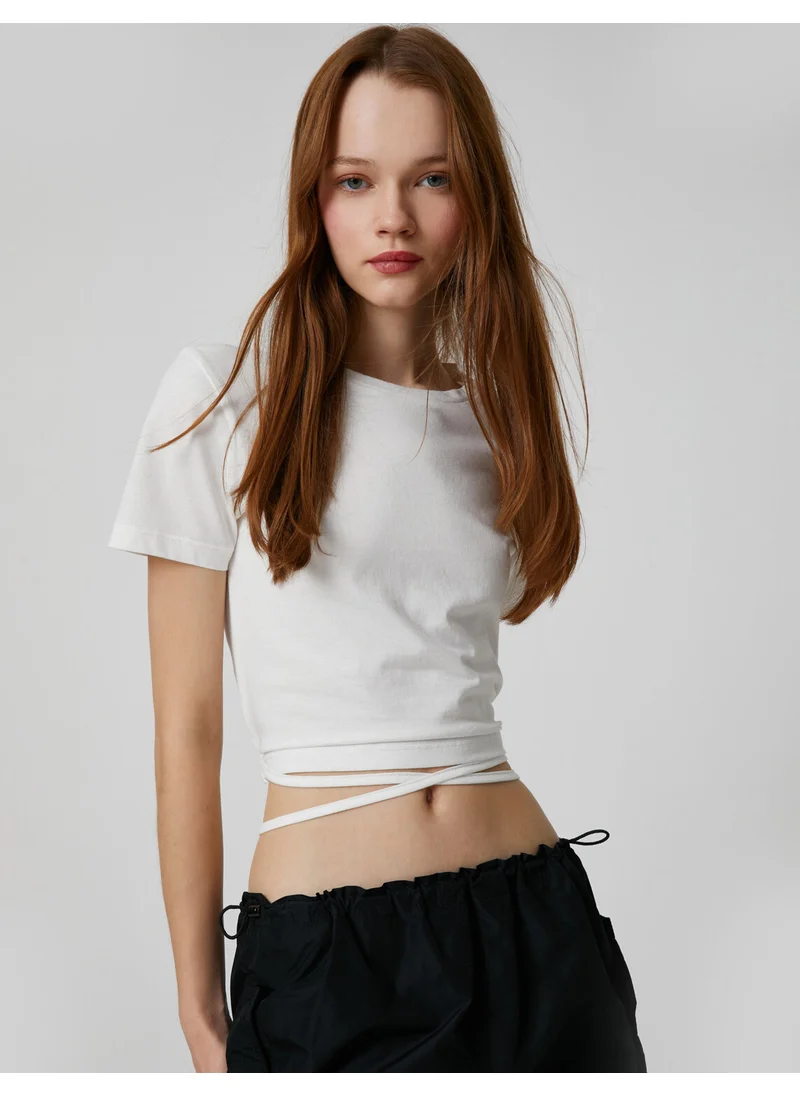 كوتون Crop T-Shirt with Tie Detail Crew Neck Short Sleeve