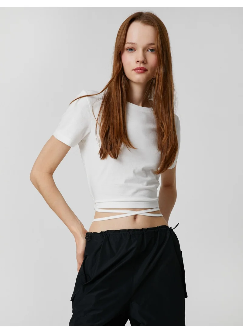 KOTON Crop T-Shirt with Tie Detail Crew Neck Short Sleeve