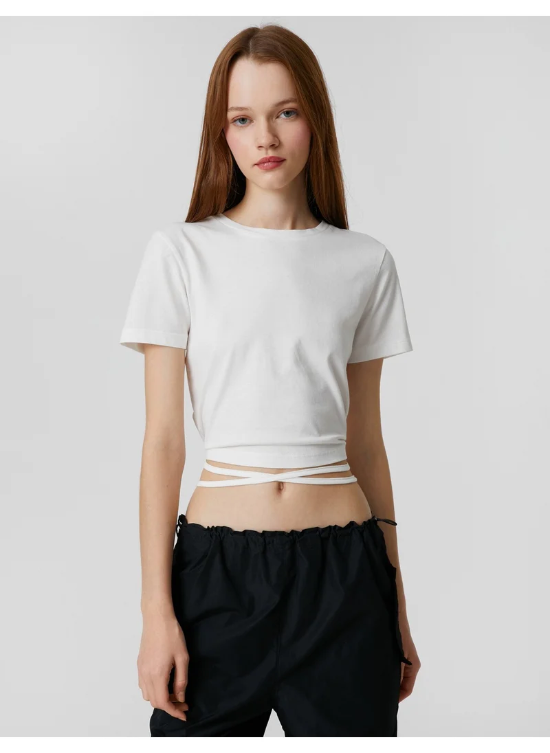 KOTON Crop T-Shirt with Tie Detail Crew Neck Short Sleeve