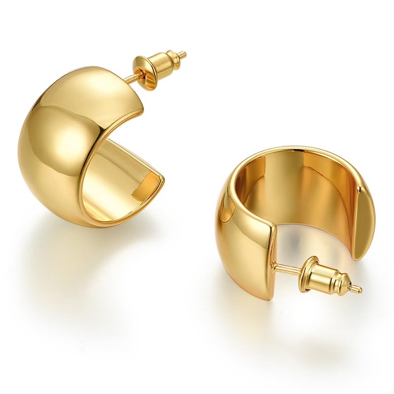 FRUMOS 18K Gold Plated Hoop Earrings for Women Girls 14K Gold Plated Thick Earrings with 925 Sterling Silver Post Stud Earrings for Gifts(Thick hoop Earrings Gold) - Image 1
