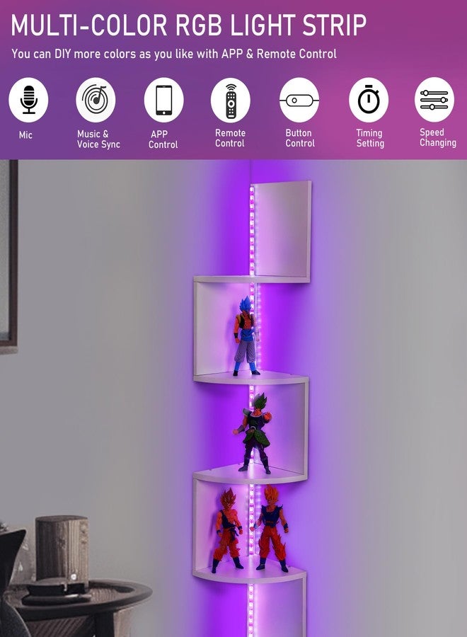 Outink 5 Tiers Corner Shelf with RGB LED Lights, 49.2" Wall Mount Floating Corner Display Shelf for Living Room Bedroom Home Office Decor, APP & Remote Control (White) - Image 4