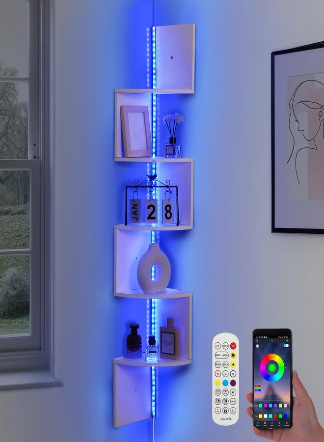 Outink 5 Tiers Corner Shelf with RGB LED Lights, 49.2" Wall Mount Floating Corner Display Shelf for Living Room Bedroom Home Office Decor, APP & Remote Control (White) - Image 1