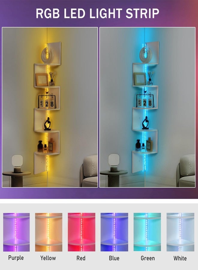Outink 5 Tiers Corner Shelf with RGB LED Lights, 49.2" Wall Mount Floating Corner Display Shelf for Living Room Bedroom Home Office Decor, APP & Remote Control (White) - Image 2