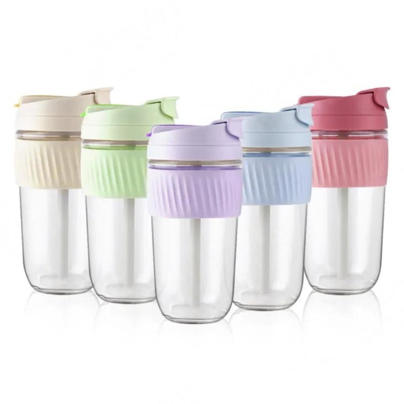 KELVEE Reusable Glass Coffee Juice Mug Shaker with Lid Straw Pack of 1Tumbler 500mlAntiSlip Silicone Band LeakProof Travel Cup Sipper for Hot Cold Drinks Multicolor Juice Mug - Image 1