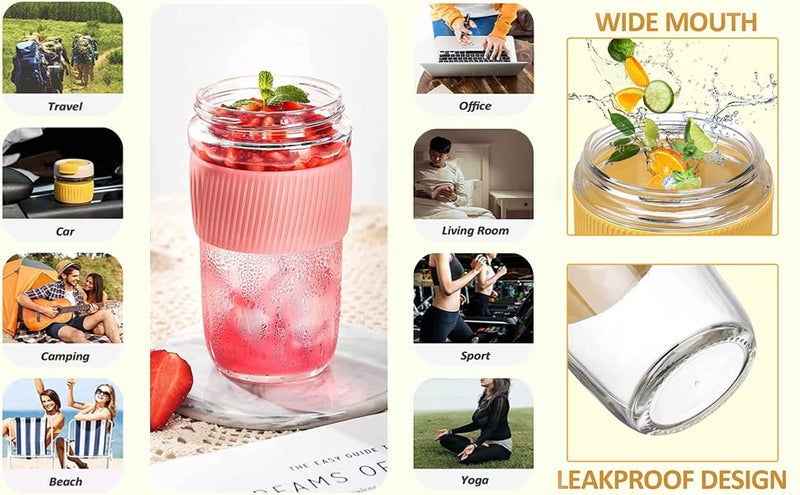 KELVEE Reusable Glass Coffee Juice Mug Shaker with Lid Straw Pack of 1Tumbler 500mlAntiSlip Silicone Band LeakProof Travel Cup Sipper for Hot Cold Drinks Multicolor Juice Mug - Image 5