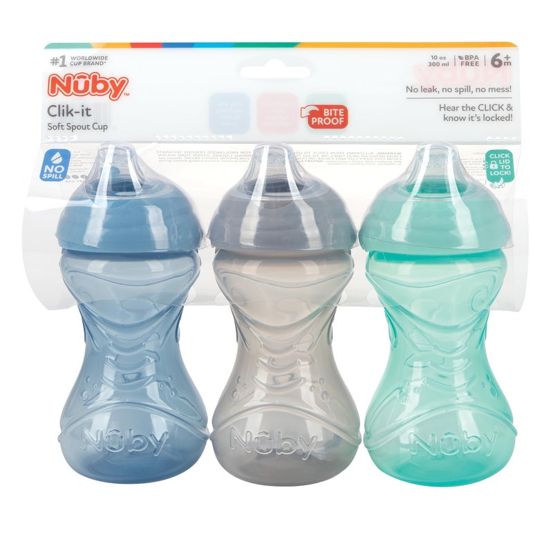 Nuby Clik-It Soft Spout No-Spill Easy Grip Sippy Cup - (3-Pack) 10 Oz - 6+ Months - Neutral - Image 5