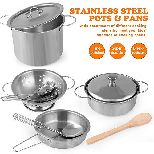 D-FantiX Play Kitchen Accessories, Kids Play Pots and Pans Playset with Mini Stainless Steel Pretend Play Cooking Toys, Cookware Utensils, Apron and Chef Hat, Cutting Food for Toddler Boys Girls - Image 2