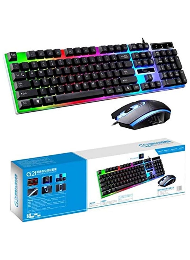 G21 Keyboard Wired USB Gaming Mouse Flexible Polychromatic LED Lights Computer Mechanical Feel Backlit Keyboard Mouse Set,Black