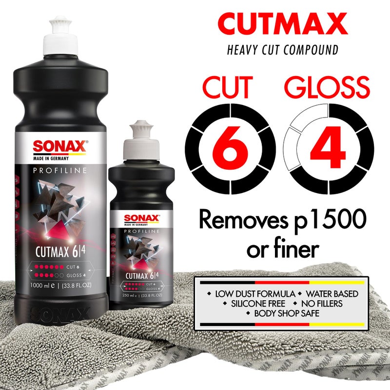 SONAX CutMax مركب 246141 | ملمع تصحيح الطلاء عالي الاحتكاك لعلامات صنفرة P1500 | خالي من السيليكون، خالي من الغبار، وعديم الرائحة | دورة تلميع طويلة للطلاء المتآكل بشدة | 250 مل - Image 2