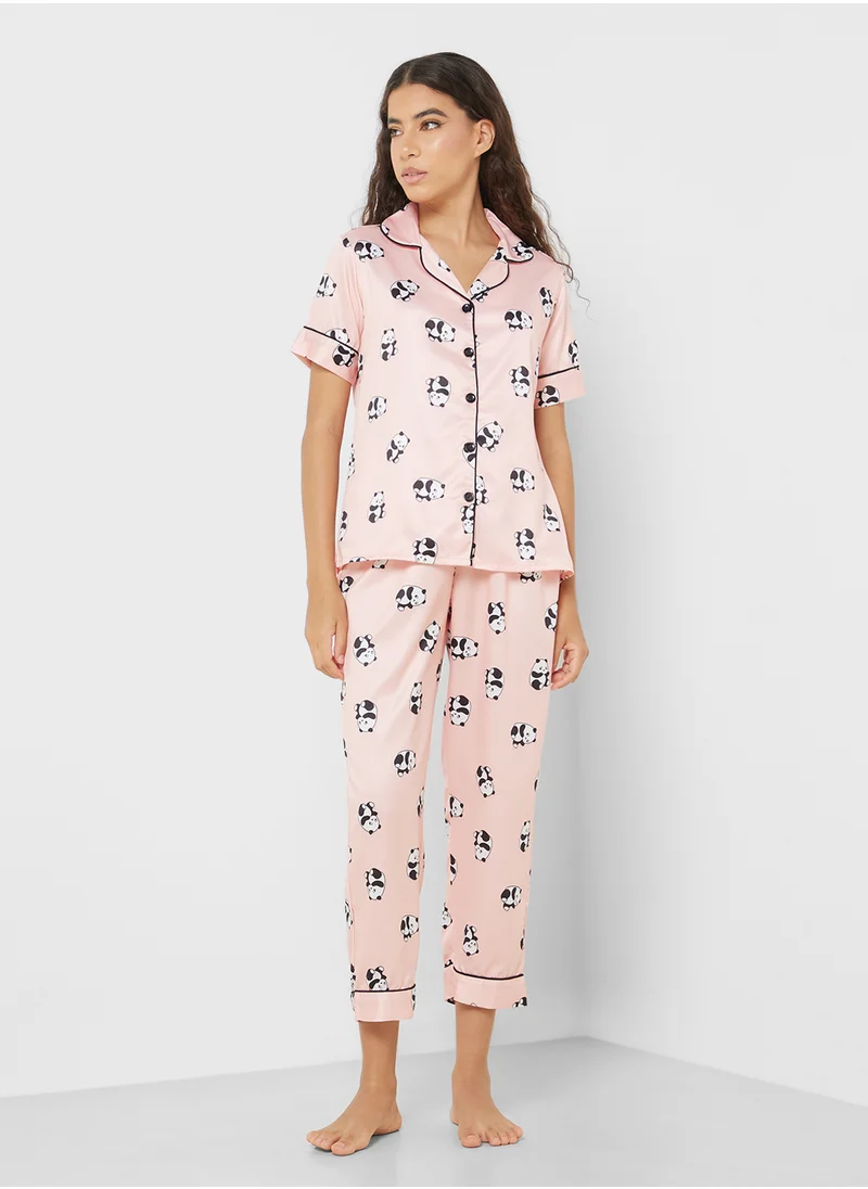 Ginger Panda Printed Satin Shirt & Pyjama Set