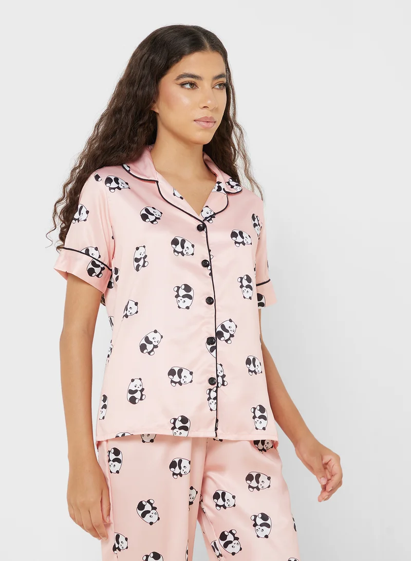Ginger Panda Printed Satin Shirt & Pyjama Set
