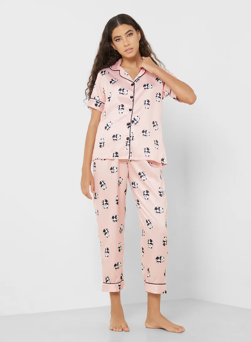Ginger Panda Printed Satin Shirt & Pyjama Set