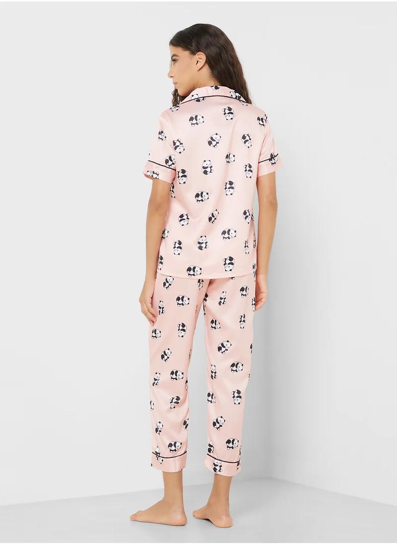 Ginger Panda Printed Satin Shirt & Pyjama Set