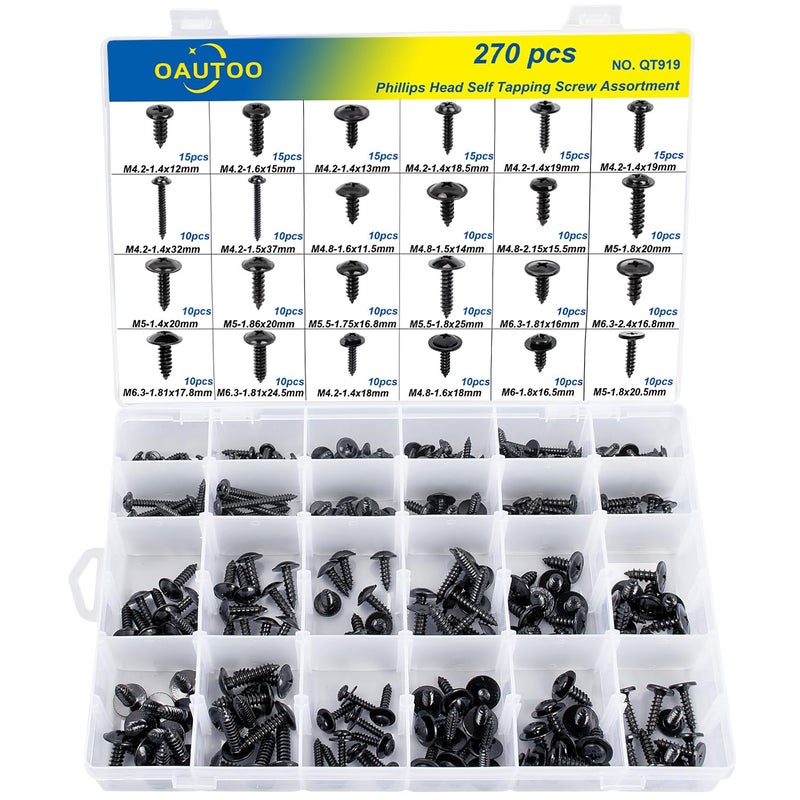 OAUTOO 270pcs Automotive Body Screw Phillips Head Self Tapping Screw Washer Head Screws Assortment Kit #8#10#12#14 - Image 2