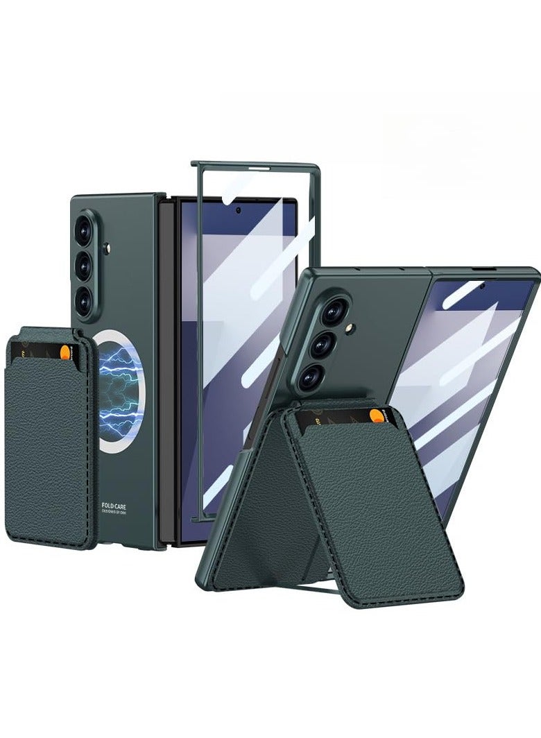 general Leather Case Compatible with Samsung Galaxy Z Fold 7 Cover with Magnetic Attraction + High-definition Tempered Film + Card Holder Bracket, Anti Fall Shell Cover Case