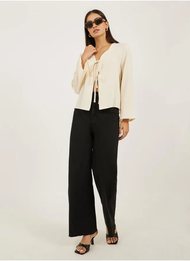 ستايلي Styli Plain V Neck Linen Look Top with Tie Detail