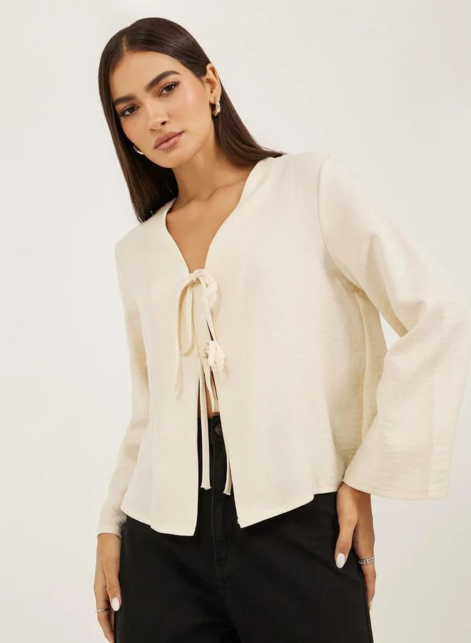 Styli Plain V Neck Linen Look Top with Tie Detail
