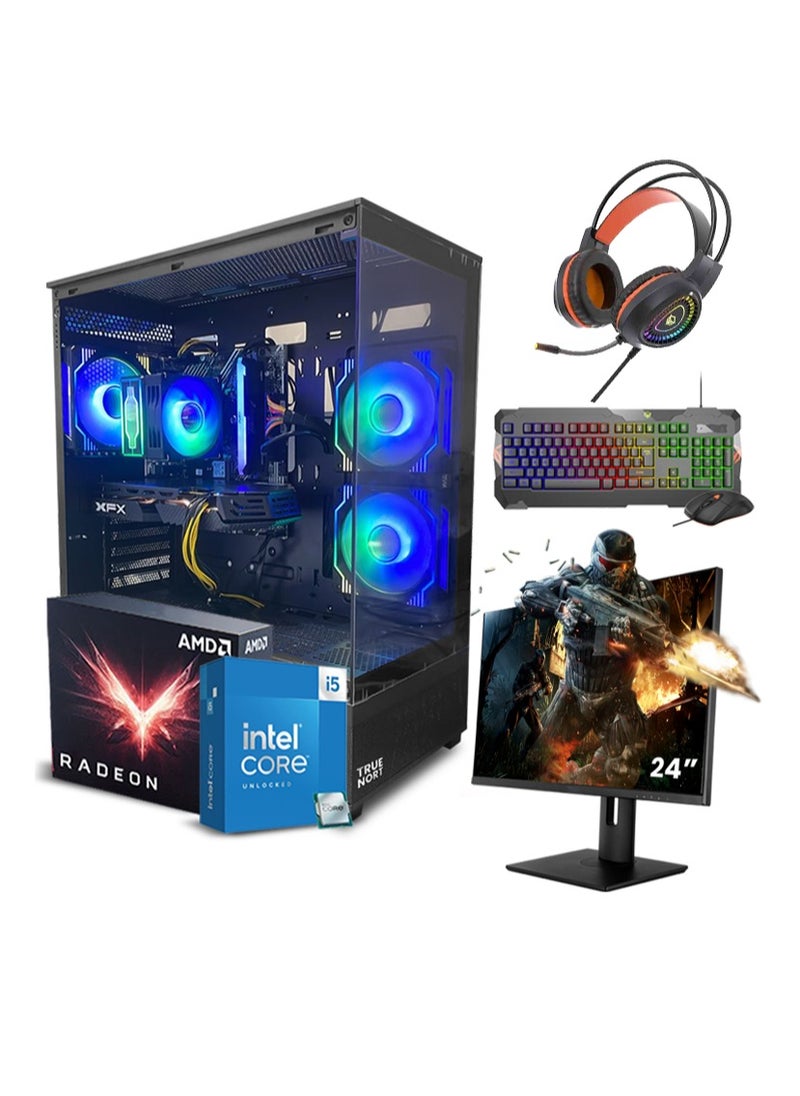 Truenort Robo X All In One Bundle Gaming PC, Intel Core i5-11400F, AMD RX 580, 16GB RAM, 1TB SSD, 24" FHD Monitor-Keyboard, Mouse & Headphone set, WIFI Ready, Window 11 Pro, TrueNort TN-19 270° Glass RGB Black Case  - Image 1