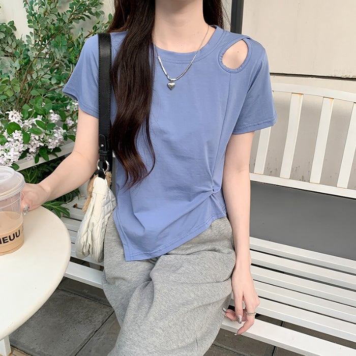 2023 New Summer Thin Short-sleeved Womens Cotton T-shirt Womens Short-sleeved Summer Shoulder Irregular Short Tops QZ#6008# Blue 