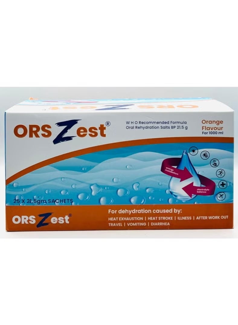 ORS Zest (Oral Rehydration Salt) 21.5g SACHETS ORANGE FLAVOUR 25's