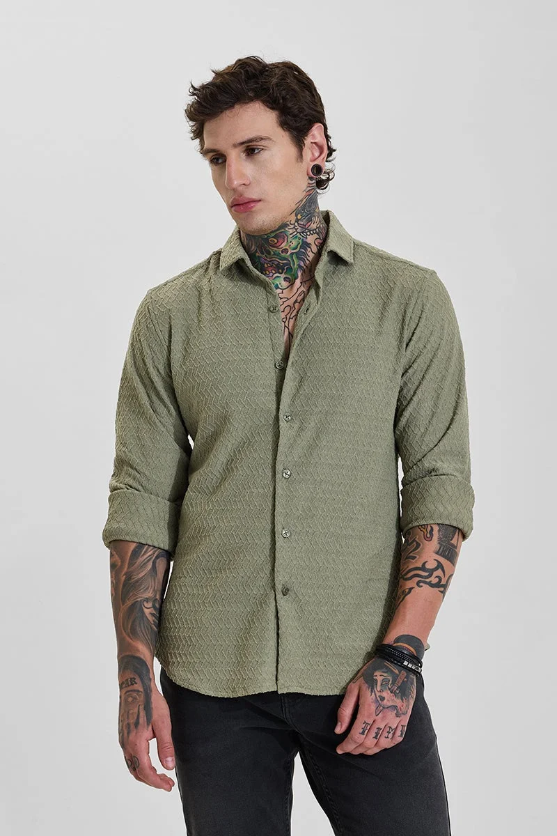 SNITCH Olive Green Textured Long Sleeve Slim Fit Shirt