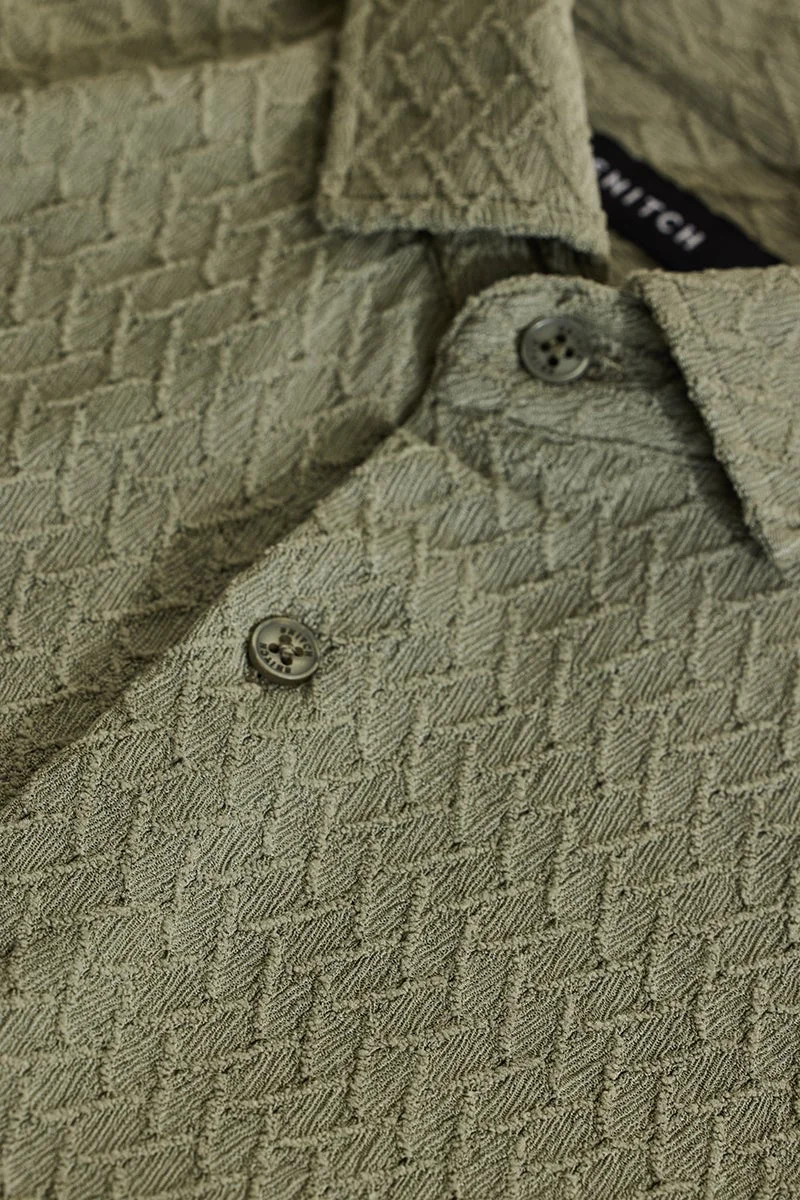 SNITCH Olive Green Textured Long Sleeve Slim Fit Shirt