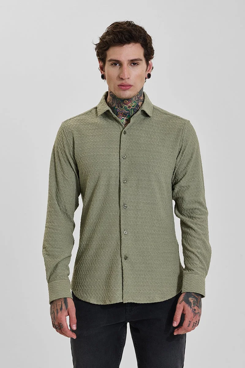 SNITCH Olive Green Textured Long Sleeve Slim Fit Shirt