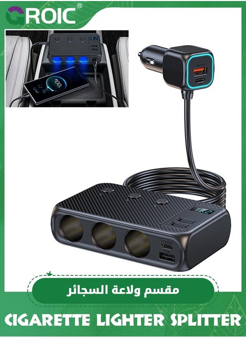 محول ولاعة سجائر 9 في 1، موزع ولاعة سجائر، محول شاحن سيارة 154 وات مع شحن PD/QC 3.0، موزع ولاعة سجائر 24 فولت/12 فولت مع مفاتيح مستقلة وشاشة عرض جهد LED