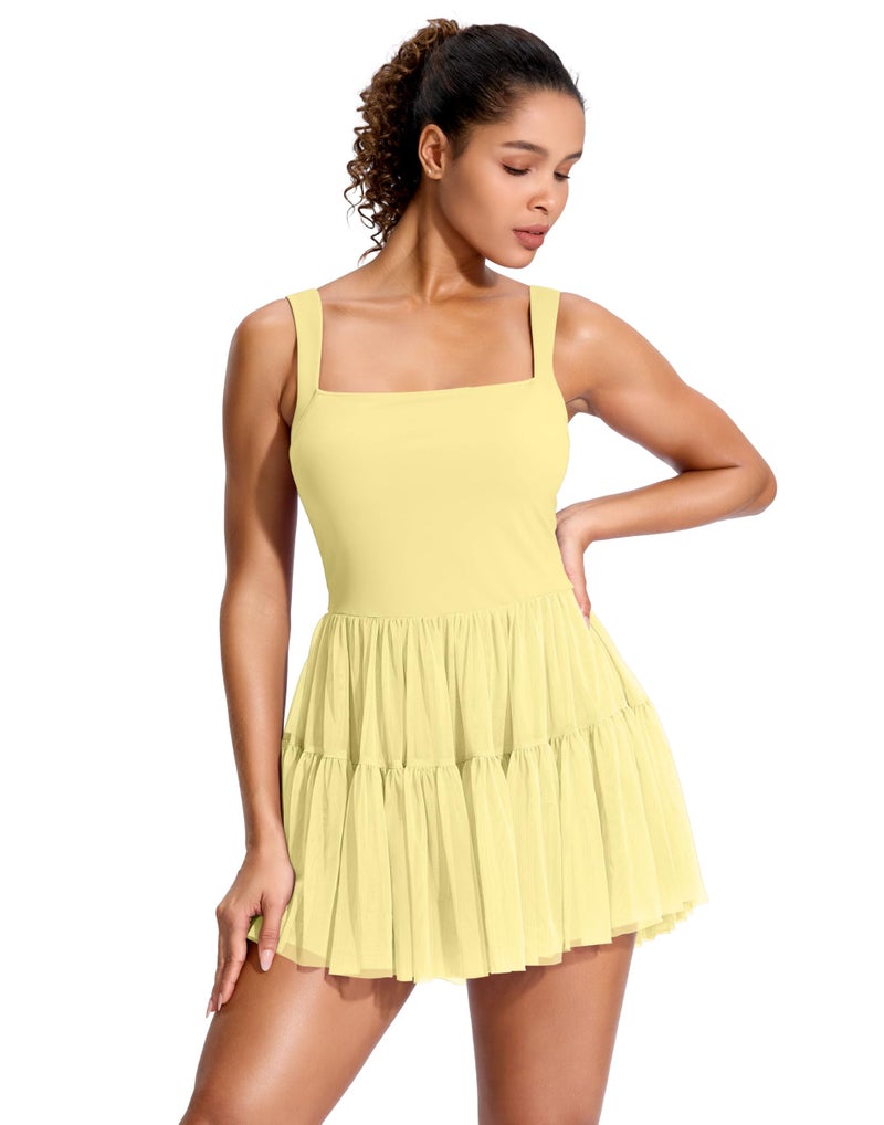 Soothfeel Tennis Dresses for Women Athletic Dress with Built in Shorts & Bra Flowy Golf Workout Dresses with Pockets Summer Yellow, Medium - Image 5
