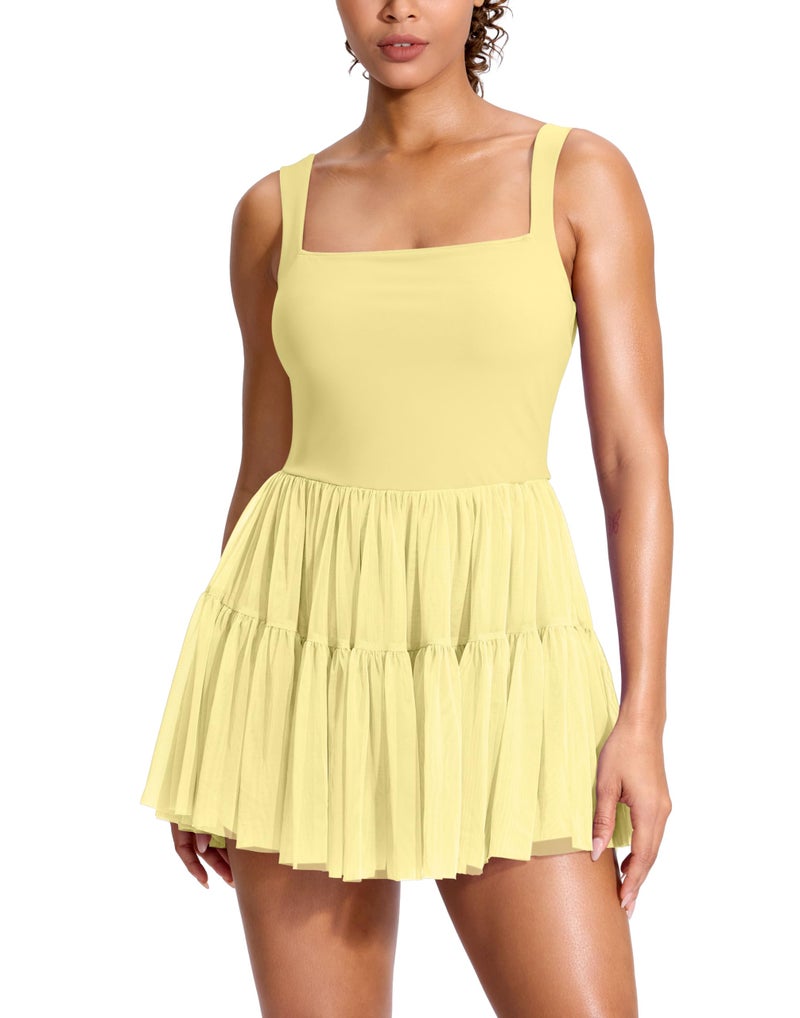 Soothfeel Tennis Dresses for Women Athletic Dress with Built in Shorts & Bra Flowy Golf Workout Dresses with Pockets Summer Yellow, Medium - Image 1