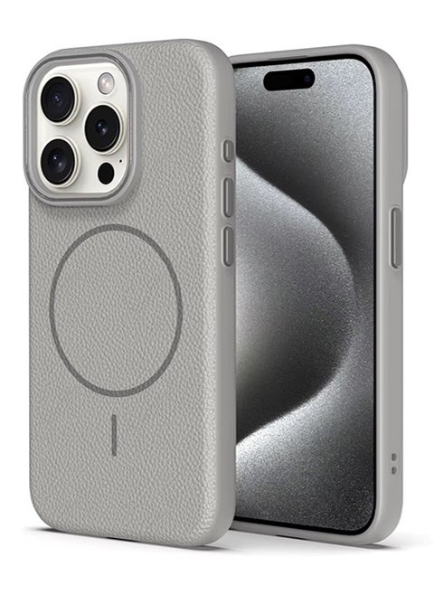 جراب هاتف أيفون ماج سيف لهاتف iPhone 13 Pro Max  جراب جلد بإطار مطاطي عالي الجودة وجراب جلدي رفيع بنمط الليتشي مع حماية عدسة الكاميرا وغطاء مقاوم للصدمات ويدعم الشحن اللاسلكي وغطاء جلدي لهاتف iPhone 13 Pro Max - رمادي
