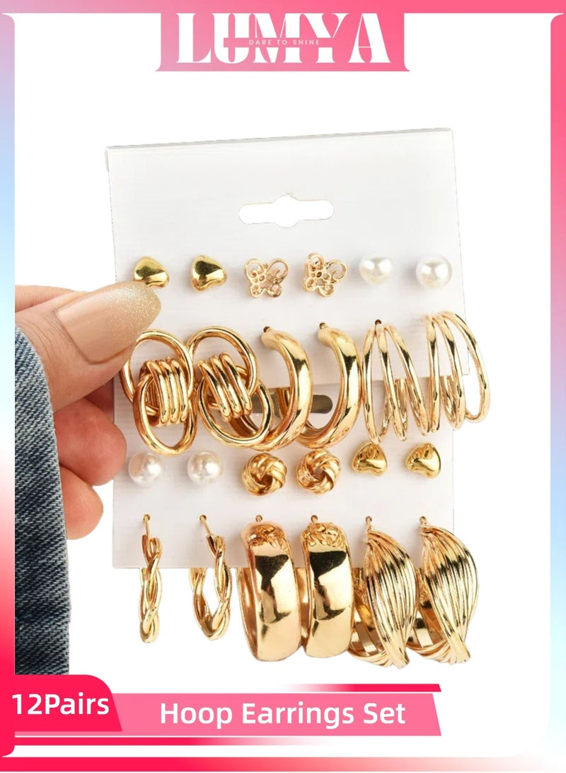 LUMYA 12Pairs Gold Statement Hoop Earrings Set, Chunky Pearl and Twisted Huggie Hoops, Retro Circle Stud Multipack Jewelry, Hypoallergenic for Women Birthday and Daily Wear(Gold)  - Image 1