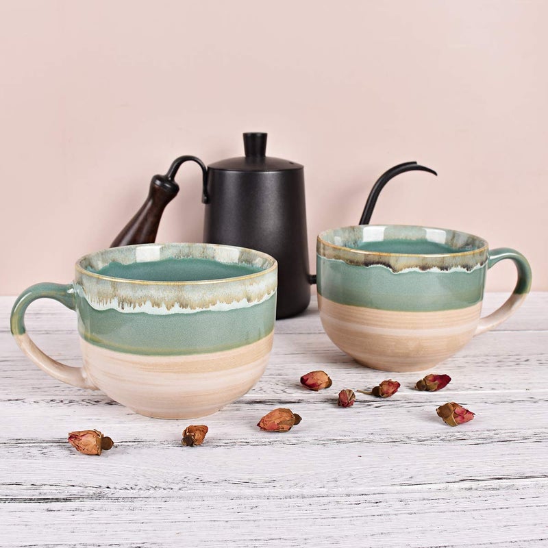 Bosmarlin Large Ceramic Coffee Mug Set of 2, Stoneware Jumbo Latte Mugs for Office and Home, 16 Oz, Dishwasher and Microwave Safe(Green, 2) - Image 4