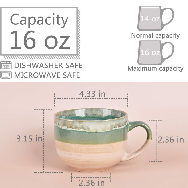 Bosmarlin Large Ceramic Coffee Mug Set of 2, Stoneware Jumbo Latte Mugs for Office and Home, 16 Oz, Dishwasher and Microwave Safe(Green, 2) - Image 2