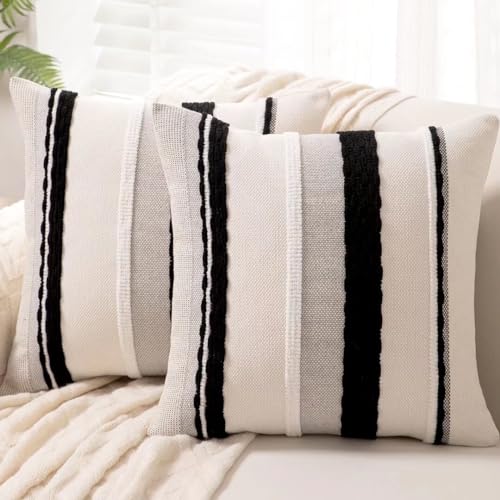 WANLIRD Boho Throw Pillow Covers 18x18 Set of 2 Farmhouse Decorative Cushion Case Striped Square Pillows Cover Chenille Pillow Cases Accent Neutral Pillowcase for Sofa Couch Bed,Black and White - Image 1