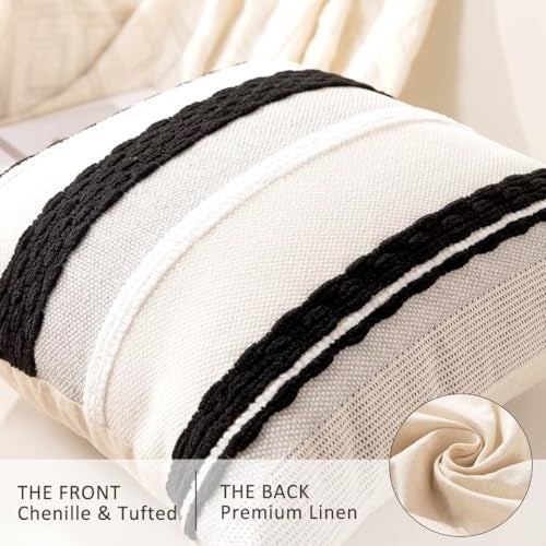 WANLIRD Boho Throw Pillow Covers 18x18 Set of 2 Farmhouse Decorative Cushion Case Striped Square Pillows Cover Chenille Pillow Cases Accent Neutral Pillowcase for Sofa Couch Bed,Black and White - Image 2