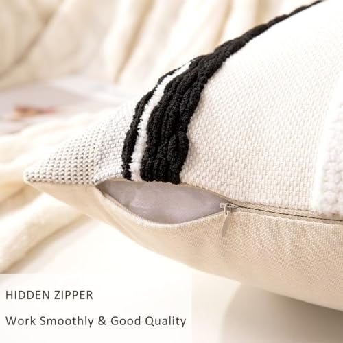 WANLIRD Boho Throw Pillow Covers 18x18 Set of 2 Farmhouse Decorative Cushion Case Striped Square Pillows Cover Chenille Pillow Cases Accent Neutral Pillowcase for Sofa Couch Bed,Black and White - Image 3