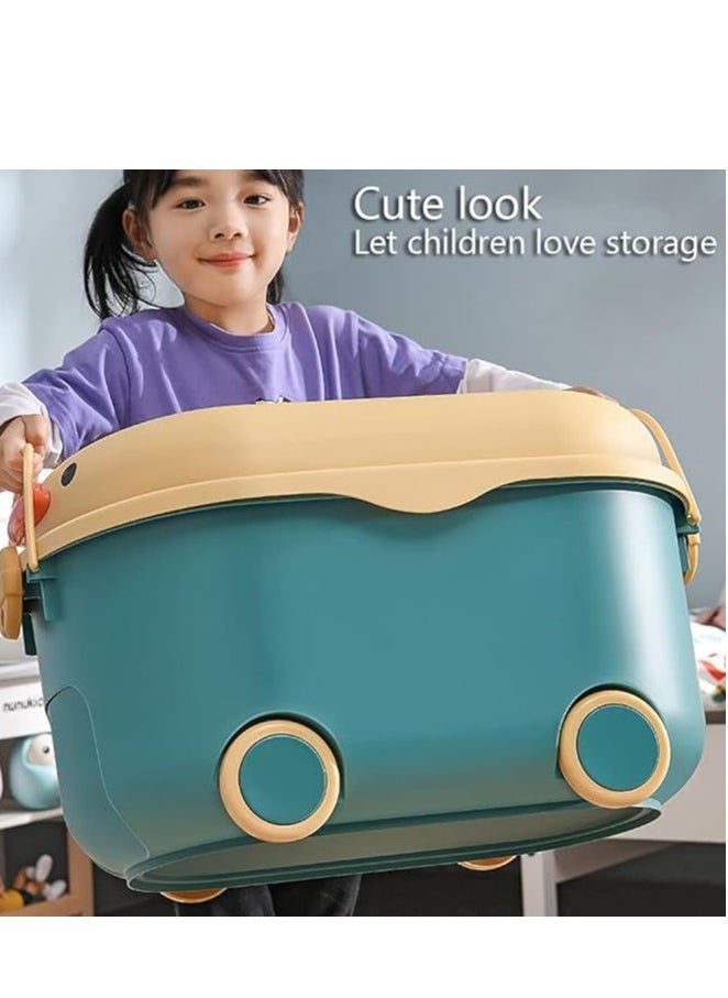 Beauenty Kids Toy Storage Box, Plastic Baby Clothing Organizer with Wheels and Handle, Large Capacity Bin for Children Clothes Food Snacks Toys and Picture Books (Blue-L)  - Image 2