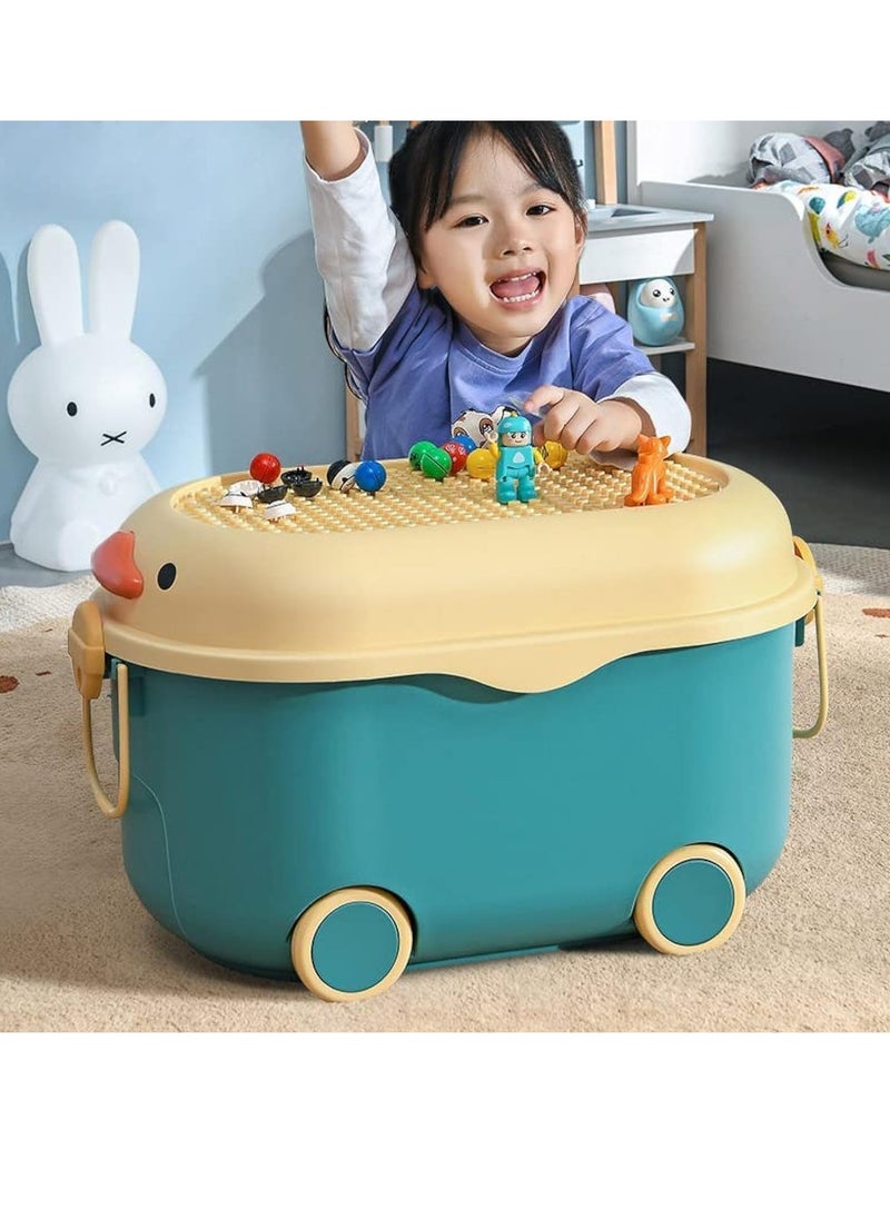 Beauenty Kids Toy Storage Box, Plastic Baby Clothing Organizer with Wheels and Handle, Large Capacity Bin for Children Clothes Food Snacks Toys and Picture Books (Blue-L)  - Image 1