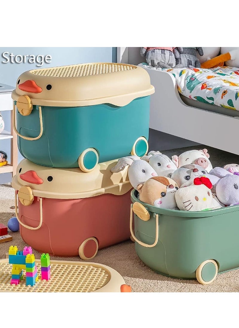 Beauenty Kids Toy Storage Box, Plastic Baby Clothing Organizer with Wheels and Handle, Large Capacity Bin for Children Clothes Food Snacks Toys and Picture Books (Blue-L)  - Image 3