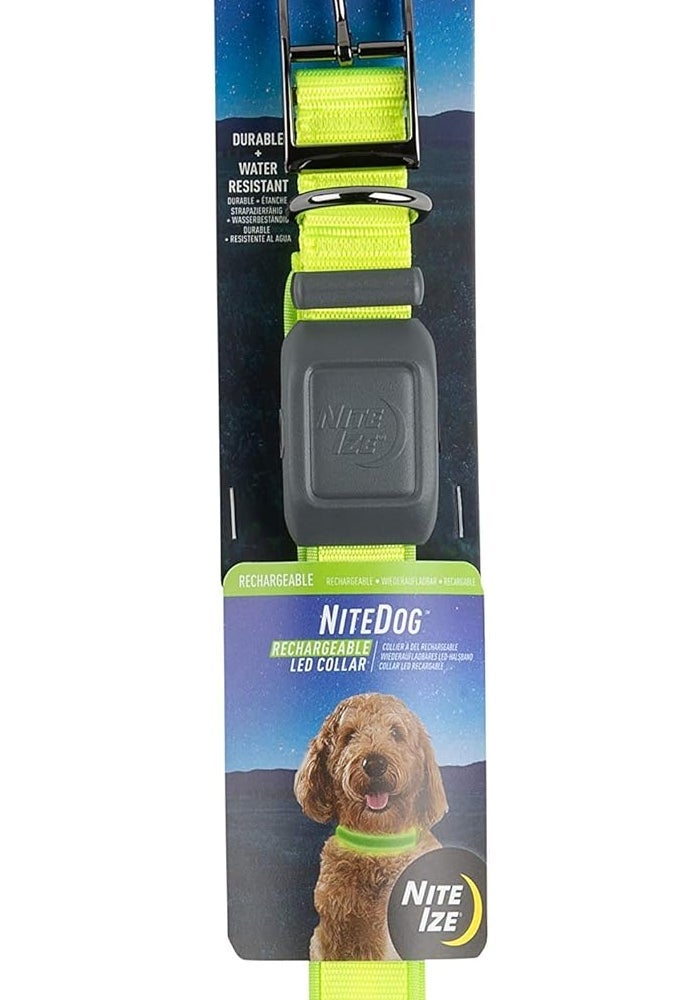 Nite Ize NiteDog Rechargeable LED Dog Collar, USB Light Up Collar with Metal Buckle, Water Resistant, Lime, Medium - Image 1